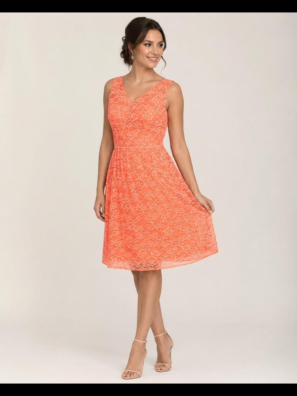 Azbro Women's Sleeveless Orange Lace V-Neck A-Line Formal Dress Size L